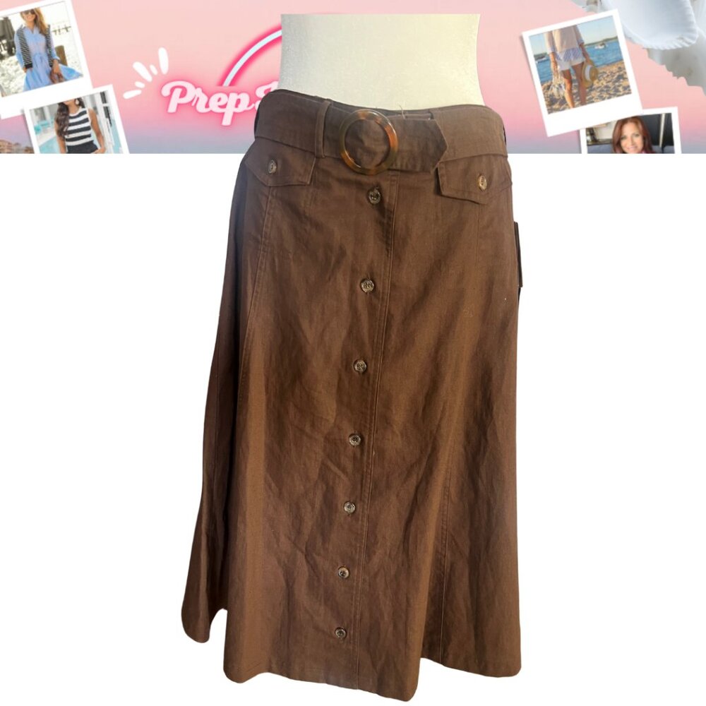 NWT Coldwater Creek Brown Linen A-Line Midi Skirt S (6-8) Safari Cottage core